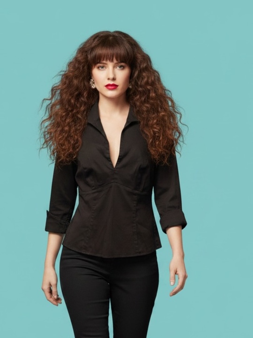 Pinup Couture Black Rockabilly Blouse Deep V-Neck Back Zip XL